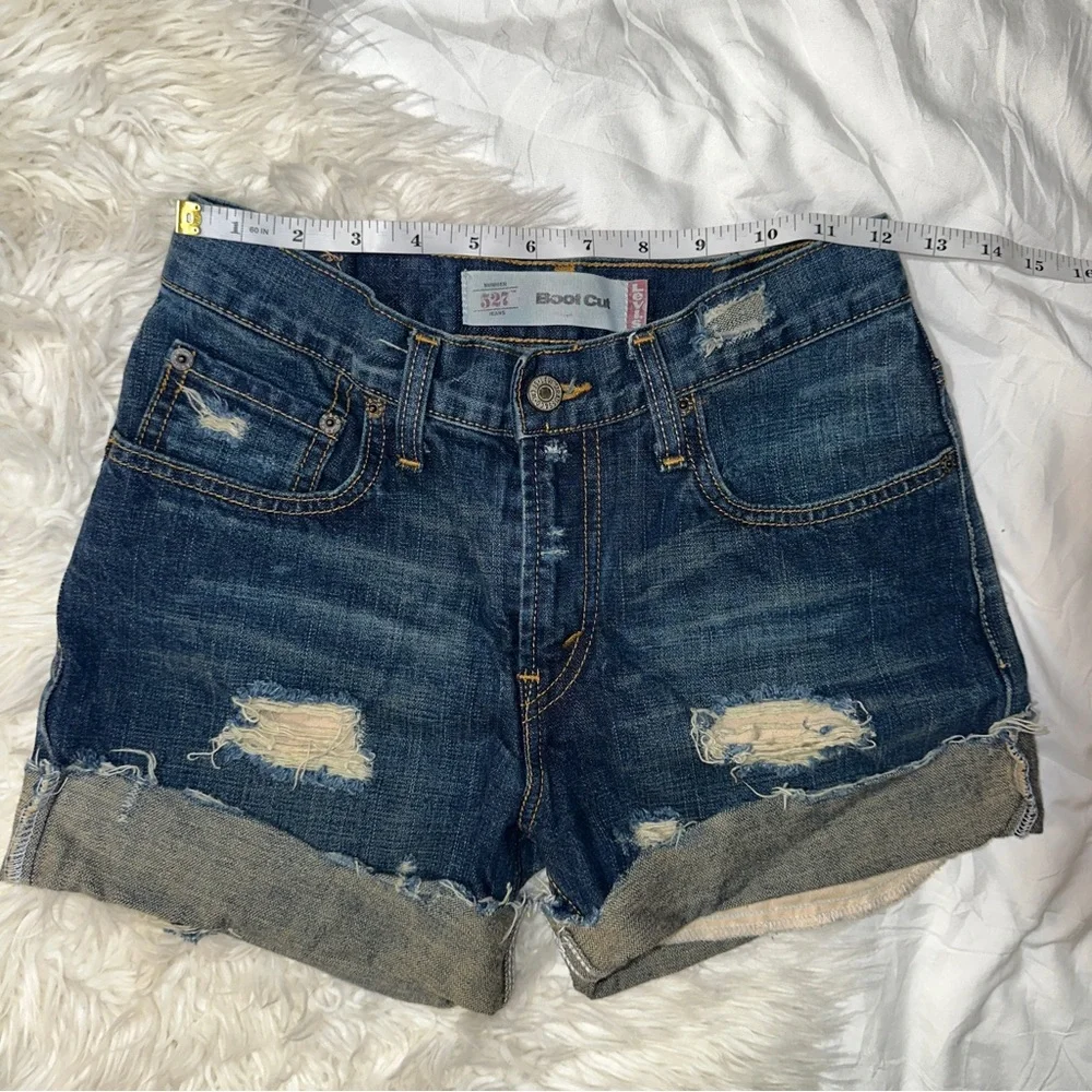 Levi’s | Distressed Ripped Denim Cutoff Shorts Dark Wash Cuffed Hem DIY Size 24